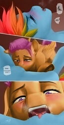 2020 age_difference anthro blush bodily_fluids comic cunnilingus dialogue digital_media_(artwork) duo english_text equid equine female female/female friendship_is_magic genital_fluids hair horse mammal moan my_little_pony nude oral pony pterippus pussy rainbow_dash_(mlp) scootaloo_(mlp) sex straight_hair text tongue tongue_out vaginal_penetration wingrazor wings yuri