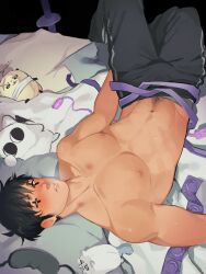 bed black_hair condom condom_packet_strip condom_wrapper condoms dorohedoro getting_undressed happy_trail imminent_sex ksooupart male male_only pecs removing_clothing sex_toy shirtless taking_clothes_off tan-skinned_male tan_skin tetsujo