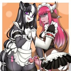 2020 absurd_res anthro ass bodily_fluids bovid bovine breasts cattle clothed clothing crossdressing digital_media_(artwork) duo egg_vibrator genital_fluids giant_panda girly gloves hair handwear hi_res kitsune_arts legwear long_hair maid_uniform male mammal mocha nipples penile penis precum sex_toy standing stockings trap uniform ursid vibrator ying_li