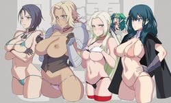 4girls armor arms_folded background_text blonde_hair blue_eyes blue_hair blush bored breast_size_difference breasts byleth_(fire_emblem) byleth_(fire_emblem)_(female) catherine_(fire_emblem) chocolate_and_vanilla choker collar covering covering_breasts covering_nipples cropped_legs edelgard_von_hresvelg elf embarrassed female female_only fire_emblem fire_emblem:_three_houses gauntlets gloves goddess hand_on_hip japanese_text large_breasts lineup long_hair looking_at_viewer looking_away looking_down mikoyan multiple_girls navel nintendo nipple_bulge nipples panties pokies pubic_hair pubic_hair_peek shamir_nevrand shoulder_pads simple_background sothis_(fire_emblem) sparkle thighhighs thong underwear