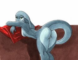 anthro bedding blanket breasts cloth ewgengster_(artist) female ledge looking_at_viewer peach_pussy pussy reptile scale scalie side_boob snake solo wall_(disambiguation)