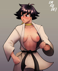 1girls belt black_belt black_hair blush breasts capcom dakube dougi embarrassed exposed exposed_breasts female female_focus female_only flashing flashing_breasts karate karate_gi karate_girl looking_away makoto_(street_fighter) one_breast_out self_exposure short_black_hair short_hair solo solo_female street_fighter street_fighter_iv street_fighter_v tomboy