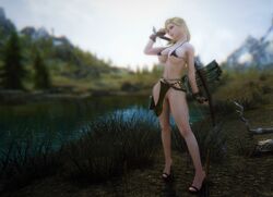 archer arrow bethesda_softworks bikini_top blonde_hair bow_(weapon) elf elf_ear elf_ears female female_only fingerless_gloves game_screenshot high_heels kirinococaine landscape loincloth no_panties outdoors outside partially_visible_vulva pointy_ears revealing_clothes river skyrim the_elder_scrolls