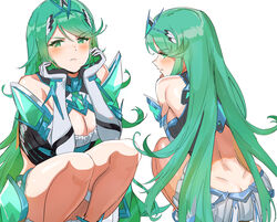 1girls absurdres alternate_hair_color anger_vein aqua_eyes aqua_hair ass bangs bare_shoulders blush breasts butt_crack chest_jewel chin_rest cleavage closed_mouth cosplay dimples_of_venus elbow_gloves female female_focus frown gem gloves green_eyes green_hair headpiece highres jewelry large_breasts long_hair looking_at_viewer matching_hair/eyes multiple_views mythra nintendo ormille pneuma_(cosplay) simple_background squatting swept_bangs thighs tiara white_background xenoblade_(series) xenoblade_chronicles_2