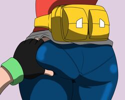 1boy 1girls ass_focus ass_grab back bag big_ass close-up clothed gloves groping human human_only leggings maoukouichi may_(pokemon) nintendo pantylines pokemon pokemon_rse pov purple_background satoshi_(pokemon) shorts thick_ass thick_thighs wide_hips