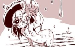 ass bending_over breasts female hat monochrome nipples nude open_mouth reaching short_hair slimy small_breasts smile solo sonson_(eleven) suwako_moriya touhou water wet