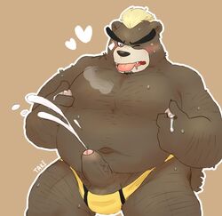 2019 anthro ashigara balls belly blush bodily_fluids brown_body brown_fur clothing cum ejaculation erection fur genital_fluids hands-free heart male male_only mammal masturbation moobs navel nipples orgasm overweight overweight_male penis simple_background solo taki_takoyakis tokyo_afterschool_summoners tongue tongue_out underwear ursid video_games