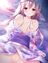 breasts censored inagaki_miiko nipples no_bra nopan open_shirt pussy skirt_lift yukata