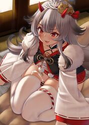 1boy 1girls azur_lane bar_censor blush censored clothed_female_nude_male commentary_request cum ebekus_omom ejaculation ejaculation_between_thighs female fur_trim grey_hair hair_ornament hibiki_(azur_lane) highres horns indoors light-skinned_female long_hair long_sleeves momo_no_sukebe nude open_mouth penis red_eyes sex sitting sitting_on_person skindentation straight thick_thighs thigh_sex thighhighs variant wariza white_legwear wide_hips