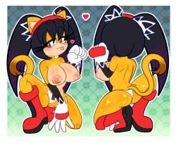 1girls 2d 2d_(artwork) :3 almost_naked anthro armwear ass back_view big_breasts black_hair boobs boots breasts cat_ears cat_humanoid cat_tail demichan front_view gloves headband heart heart_symbol honey_the_cat mobian_(species) nipples orange_eyes orange_fur panties simple_background solo solo_female sonic_(series) sonic_the_hedgehog_(series) tagme tail tits tongue_out topless twintails