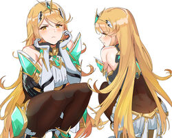 1girls anger_vein ass bangs bare_shoulders blonde_hair blush breasts chest_jewel chin chin_rest cleavage closed_mouth elbow_gloves female frown gem gloves headpiece highres hikari_(xenoblade_2) jewelry large_breasts long_hair looking_at_viewer multiple_views mythra nintendo ormille simple_background squatting swept_bangs tiara white_background xenoblade_(series) xenoblade_chronicles_2 yellow_eyes