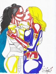 2girls captain_marvel carol_danvers dark-skinned_female dark_skin female female_only interracial kaywest kissing marvel marvel_cinematic_universe multiple_girls thor_(series) valkyrie_(marvel) yuri