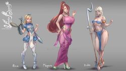 3girls alice_(disney) alice_in_wonderland alice_in_wonderland_(1951_film) alice_liddell ankle_rings armor armored_boots atlantis:_the_lost_empire barefoot belly blonde_hair blue_eyes brown_hair dark-skinned_female disney ensouwon erect_nipples hercules_(disney) high_heels huge_breasts kida loincloth long_hair medium_breasts megara miniskirt multiple_girls navel shield spear sword toga tubetop voluptuous white_hair