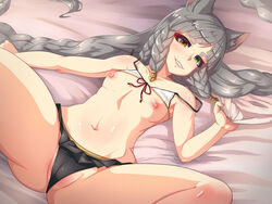 1girls animal_ears areolae blush breasts cameltoe erect_nipples female granblue_fantasy grey_hair heterochromia kyattsu looking_at_viewer navel nipples panties pholia spread_legs