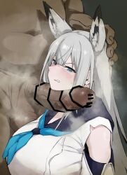 1boy 1girls absurd_res annoyed annoyed_expression azur_lane big_penis blushing_female fox_ears fox_girl gerogero51 holding_head kawakaze_(azur_lane) large_penis musk musk_cloud musk_clouds musky_cock precum precum_bubble