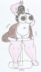 anthro black_hair blush brown_body brown_fur brown_nipples choker closed_eyes female furry glasses high_heel_boots long_boots long_gloves marlon64 naked_boots naked_female naked_gloves ophelia_the_platypus_(waifuland) pole_dance pole_dancing shame shy_expression solo_female traditional_drawing_(artwork) twintails waifuland white_background white_fur