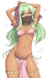 1girls arabian_clothes arms_behind_head bare_shoulders breasts circlet cowboy_shot dancer dark_skin female female_only green_eyes green_hair harem_outfit jewelry long_hair looking_at_viewer midriff navel o-ring o-ring_top original pelvic_curtain sasaame simple_background small_breasts smile solo standing veil white_background