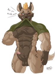 abs balls biceps bottomless clothed clothing clothing_lift dwayne_(naruever) erection humanoid_penis hyaenid male male_only mammal muscular muscular_male naruever one_eye_closed pecs penis shirt shirt_lift solo topwear wink