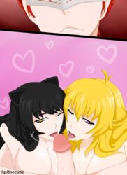 1boy 2girls adam_taurus big_breasts big_penis bisexual black_hair blake_belladonna blonde_hair blowjob blush cat_ears catgirl collaborative_fellatio cum cum_in_mouth dark_hair edit fellatio femsub maledom multiple_girls multiple_subs one_eye_closed pithecuse purple_eyes rwby teamwork yang_xiao_long yellow_eyes