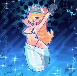 1girls armpits arms_up big_breasts blush breasts clothed female female_only gloves hair_over_one_eye hat looking_at_viewer mario_(series) mario_kart mario_kart_world micro_bikini nintendo open_mouth pants pants_down pants_falling_down ponytail princess_rosalina princess_rosalina_(pro_racer) super_mario_bros. sweat sweating sweating_profusely thick_thighs thong tuif underwear undressing
