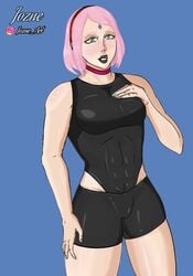 bike_shorts black_leotard black_lips black_lipstick boruto:_naruto_next_generations choker female female_only green_eyes jozne leotard milf muscle muscles muscular_female naruto pink_hair sakura_haruno smile swimsuit wife