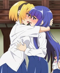 07th_expansion 2girls after_kiss best_friends blonde_hair blush blushing eru female_only fully_clothed furude_rika higurashi_no_naku_koro_ni higurashi_no_naku_koro_ni_gou horny houjou_satoko hugging kissing lesbian lesbian_kiss long_hair multiple_girls purple_eyes purple_hair saliva school school_uniform schoolgirl short_hair st._lucia_academy_female_student(s) teen teenage_girl teenager yuri