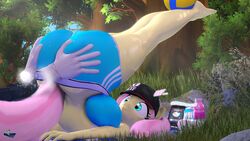 2girls 3d ass_grab blue_eyes booty_shorts cameltoe dialogue disembodied_hand fluttershy_(mlp) friendship_is_magic groping hat hooves-art master_hand my_little_pony outdoors outside phone pink_hair smooth_skin sports_bra tail text tree volleyball yellow_skin