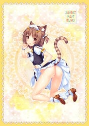 1girls :o animal_ears ass azuki_(sayori) blush boots bowtie brown_eyes brown_hair cat_ears catgirl clothing full_body hairbow headband kneeling knees_apart_feet_apart legs looking_at_viewer maid_uniform nekopara no_panties open_mouth pussy sayori short_hair shy skinny small_breasts solo solo_female tail text uncensored white_legwear white_skin