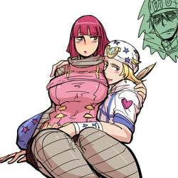 1girls big_breasts blonde_hair breasts diego_brando embarrassed female hands hot_pants_(jjba) human johnny_joestar jojo's_bizarre_adventure light-skinned_female light_skin male pink_hair pinkkoffin short_hair shounen_jump steel_ball_run straight triggered_diego_brando_looking_for_hot_pants white_clothes