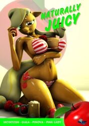 1girls 3d apple applejack_(mlp) big_breasts bikini breasts female female_only food friendship_is_magic green_hair hooves-art my_little_pony no_humans straight_hair striped_bikini text thick_thighs wide_hips