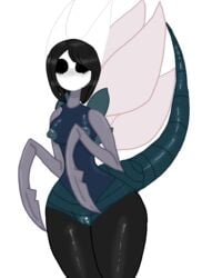 black_hair black_sclera blade_arm blue_nipples blue_pussy blush breasts female gijinka hollow_knight horns insect_girl insect_wings insects mantis mantis_humanoid mantis_tribe monster_girl no_mouth no_pupils short_hair solo_female swampmaggot tail thick_thighs thin_waist