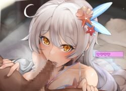 1boy ahoge bare_shoulders bed blush breasts captain_(honkai_impact) censored choker dark-skinned_male dark_skin diamond-shaped_pupils eye_contact eyebrows_visible_through_hair fellatio female from_above gameplay_mechanics gimnang hair_between_eyes halterneck heart honkai_(series) honkai_impact_3rd kiana_kaslana kiana_kaslana_(herrscher_of_the_void) long_hair looking_at_viewer medium_breasts mosaic_censoring open_mouth oral pearl_earrings penis pillow pov saliva shell_hair_ornament silver_hair solo_focus starfish_hair_ornament straight sweat swimsuit symbol-shaped_pupils very_long_hair yellow_eyes