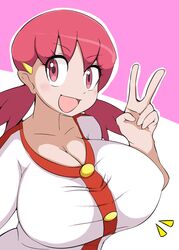 1girls absurd_res alternate_breast_size big_breasts breasts cleavage clothing eye_contact female female_only huge_breasts large_breasts looking_at_viewer nintendo nipple_bulge open_mouth peace_sign pink_eyes pink_hair pokemon pokemon_gsc pokemon_hgss shirt simple_background smile sugaru v white_shirt whitney_(pokemon)