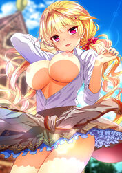 areolae bangs black_skirt blonde_hair blush breasts breasts_out cherry_hair_ornament collared_shirt cowboy_shot day dress_shirt eyebrows_visible_through_hair female food_themed_hair_ornament hair_intakes hair_ornament hair_ribbon highres large_breasts long_hair long_sleeves looking_at_viewer miniskirt nipples open_clothes open_mouth open_shirt outdoors panties pantyshot pantyshot_(standing) petticoat pleated_skirt puffy_nipples purple_panties red_eyes red_ribbon ribbon school_uniform shironeko_project shirt sierra_(shironeko_project) sigma_rio skindentation skirt sleeves smile standing unbuttoned unbuttoned_shirt underwear very_long_hair white_shirt wind wind_lift