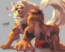 1boy 2boys all_fours anthro arcanine biceps black_hair black_hair_bottom black_sclera domination erection furry gay genital_piercing heart humanoid_penis laarx licking licking_lips light_hair_on_dark_hair looking_at_viewer male male_focus male_only muscular muscular_male nintendo original_character penis penis_piercing piercing pokemon pokemon_(species) pokemon_rgby red_eyes solo tamazukiakiyama tattoo testicles tongue tongue_out video_games white_hair white_hair_on_black_hair white_hair_top yaoi