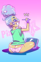 arms_up ass ass_cleavage bubble_butt butt_crack drawing_tablet female_only fist glasses green_shirt hair_bun looking_back panties pen pink_panties pixalchik pixaltrix plaid_panties purple_hair simple_background sitting smile tagme