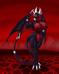 activision anthro ass big_breasts big_butt blue_eyes breasts claws corrupted_cynder curvaceous curvy_figure cynder dragon female hand_on_hip hi_res horn lava looking_at_viewer membrane_(anatomy) membranous_wings nipple_piercing nipples nude piercing pussy scalie shinysteel solo spyro_the_dragon standing teeth thick_thighs video_games volcanic_setting voluptuous western_dragon wide_hips wings