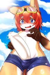 anthro big_penis blue_eyes blush bodily_fluids canid canine censored clothed clothing cloud countershading cute_fangs erection fox fur genital_fluids gloves_(marking) hair hane hi_res humanoid_penis kemono low-angle_view male male_only mammal markings navel open_mouth orange_hair outside penis poking_out precum solo solo_male standing swimming_goggles swimming_trunks swimwear topless uncut unwanted_erection water wet white_body white_countershading white_fur yellow_body yellow_fur