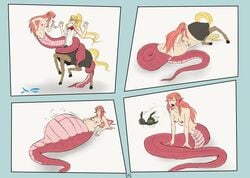 bra breasts burp burping burping_up_clothes burping_up_items catfight centaur centorea_shianus clothing comic digestion equid_taur female femdom femsub lamia miia_(monster_musume) monster_musume_no_iru_nichijou naga oral_vore simple_background skirt swallowing taur vore white_background yuri