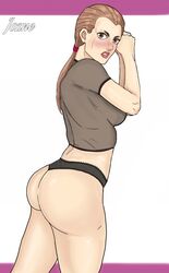 1girls big_ass big_butt black_thong brown_eyes brown_hair fat_ass female female_only huge_ass jojo's_bizarre_adventure jozne looking_at_viewer police police_girl policewoman ponytail ragazza_polizia solo thick_thighs thong vento_aureo wide_hips