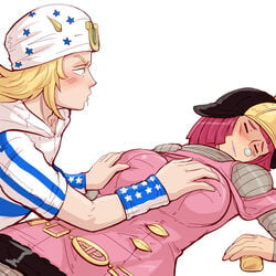 blonde_hair breast_grab breasts canon cream_starter female hot_pants_(jjba) johnny_joestar jojo's_bizarre_adventure laying_down male pink_hair pinkkoffin steel_ball_run