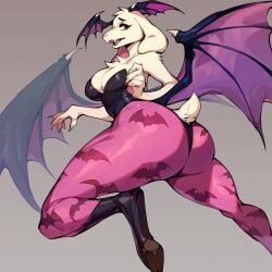 1:1 1girls ai_generated animal_print ass bat_print big_ass big_breasts breasts butt cosplay darkstalkers female female_only goat_mom head_wings huge_ass huge_breasts large_ass large_breasts morrigan_aensland_(cosplay) r.ai.ven toriel torielundertale_(series) undertale wings