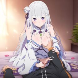 ai_generated aivime big_breasts breast_grab cum cumshot dressed elf_ears elf_female emilia_(re:zero) handjob jerkingoff_another long_hair natsuki_subaru purple_eyes re:zero_kara_hajimeru_isekai_seikatsu white_hair