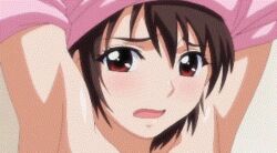 animated animated_gif brown_eyes brown_hair clothing hhh_triple_ecchi huge_breasts mary_jane_(company) miyuki_(hhh) panties screencap screenshot short_hair stitched undressing