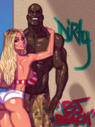 back_view bare_shoulders big_breasts bimbo blonde blonde_hair blue_eyes bra brown_eyebrows bubble_butt bulge casual couple dark-skinned_male day eyelashes fit_female graffiti grin interracial larger_male lindsey_pelas long_hair looking_at_viewer looking_back muscular_male pale-skinned_female penis_bulge pink_lipstick pose shiny_skin shirtless short_shorts theofficialpit thick_lips toned_female white_shorts