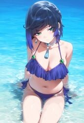 1girls ai ai_generated alternate_costume belly_button big_breasts bikini bikini_bottom bikini_top blue_bikini blue_bikini_bottom blue_bikini_top blue_hair blue_swimsuit cleavage crowna77 day female female_focus female_only front_view genshin_impact light-skinned_female light_skin looking_at_viewer mature mature_female navel ocean outdoors short_hair sitting sitting_on_water slim_girl solo solo_female solo_focus summer swimsuit thong thong_bikini two_tone_hair water wet wet_body yelan_(genshin_impact)