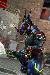 absurd_res android anthro armor as-06 balls barcode bent_legs big_penis blender_cycles blue_armor bodily_fluids charonfaustinus coolant drachetype erection genital_fluids genitals green_eyes green_urine hi_res huge_cock machine male peeing peeing_while_erect penis red_armor robot solo synth_(vader-san) synthetic_muscles synthetic_penis tail urine