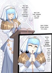1girls accident bangs blue_hair book breasts closed_eyes comic dog dress english_text female female_only fire_emblem fire_emblem_echoes:_shadows_of_valentia gixar habit indoors laugh long_sleeves multiple_views nervous nervous_smile nintendo nun open_mouth own_hands_together praying short_hair silque_(fire_emblem) small_breasts smile sweat text window zoophilia