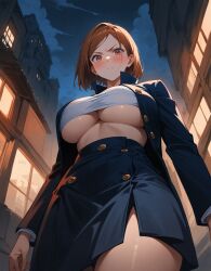 1girls ai_generated angry_face big_breasts blush bursting_breasts cute_face female female_only fit_female from_below ginger_hair huge_breasts human jujutsu_kaisen kugisaki_nobara looking_down_at_viewer low-angle_view midriff orange_eyes pov pov_eye_contact pov_feet school_uniform shiny_skin skirt smooth_skin soft_skin solo tight_clothing tsundere