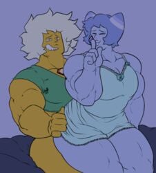 5_fingers artist_name artist_signature ass bed biceps big_blue_agate_(zawa-ro) big_breasts biting_lip blue_hair blue_skin bottomless breasts citrine_(zawa-ro) cleavage color female futanari gem gem_(species) gemsona green_shirt implied_futanari muscles muscular_female muscular_futanari nightgown original_character plump_lips shirt_only steven_universe swindle94 yellow_skin yuri zawa-ro